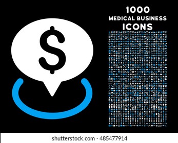 Bank Location vector bicolor icon with 1000 medical business icons. Set style is flat pictograms, blue and white colors, black background.