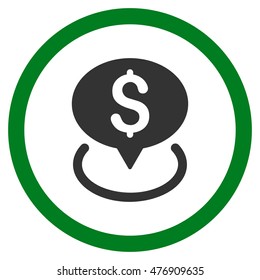 Bank Location vector bicolor rounded icon. Image style is a flat icon symbol inside a circle, green and gray colors, white background.