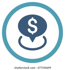Bank Location vector bicolor rounded icon. Image style is a flat icon symbol inside a circle, cyan and blue colors, white background.