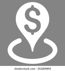 Bank Location vector icon. Style is flat symbol, white color, rounded angles, gray background.