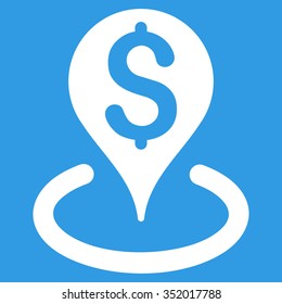 Bank Location vector icon. Style is flat symbol, white color, rounded angles, blue background.