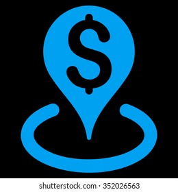Bank Location vector icon. Style is flat symbol, blue color, rounded angles, black background.