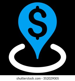 Bank Location vector icon. Style is bicolor flat symbol, blue and white colors, rounded angles, black background.