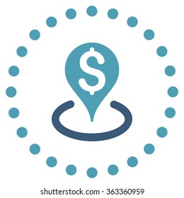 Bank Location vector icon. Style is bicolor flat circled symbol, cyan and blue colors, rounded angles, white background.