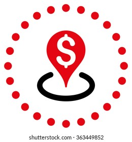 Bank Location vector icon. Style is bicolor flat circled symbol, intensive red and black colors, rounded angles, white background.
