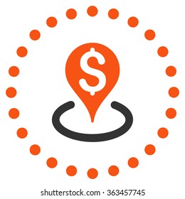 Bank Location vector icon. Style is bicolor flat circled symbol, orange and gray colors, rounded angles, white background.