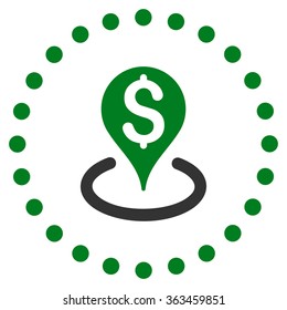 Bank Location vector icon. Style is bicolor flat circled symbol, green and gray colors, rounded angles, white background.
