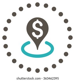 Bank Location vector icon. Style is bicolor flat circled symbol, grey and cyan colors, rounded angles, white background.