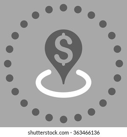 Bank Location vector icon. Style is bicolor flat circled symbol, dark gray and white colors, rounded angles, silver background.