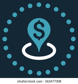 Bank Location vector icon. Style is bicolor flat circled symbol, blue and white colors, rounded angles, dark blue background.