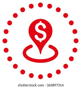 Bank Location vector icon. Style is flat circled symbol, red color, rounded angles, white background.