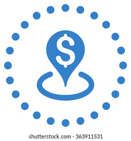 Bank Location vector icon. Style is flat circled symbol, cobalt color, rounded angles, white background.