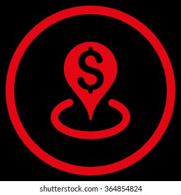 Bank Location vector icon. Style is flat circled symbol, red color, rounded angles, black background.