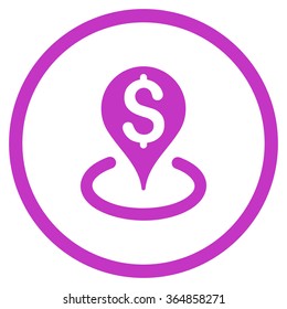 Bank Location vector icon. Style is flat circled symbol, violet color, rounded angles, white background.