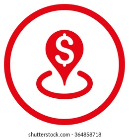 Bank Location vector icon. Style is flat circled symbol, red color, rounded angles, white background.