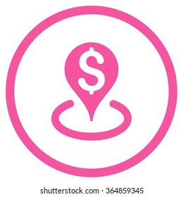 Bank Location vector icon. Style is flat circled symbol, pink color, rounded angles, white background.
