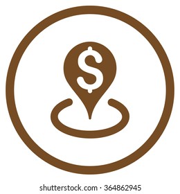 Bank Location vector icon. Style is flat circled symbol, brown color, rounded angles, white background.