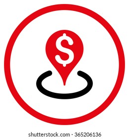 Bank Location vector icon. Style is bicolor flat circled symbol, intensive red and black colors, rounded angles, white background.