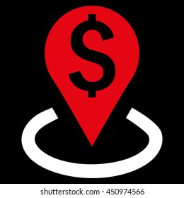 Bank Location vector icon. Style is bicolor flat symbol, red and white colors, black background.