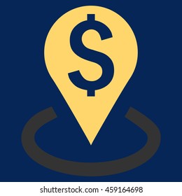 Bank Location vector icon. Style is flat symbol, yellow color, blue background.