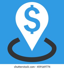 Bank Location vector icon. Style is flat symbol, white color, blue background.