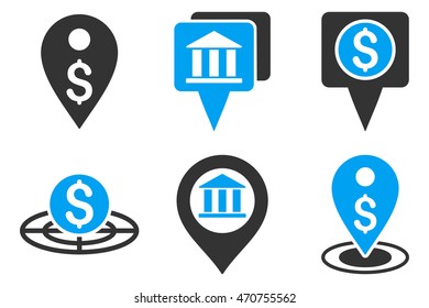 Bank Location vector icons. Pictogram style is bicolor blue and gray flat icons with rounded angles on a white background.