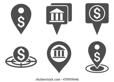 Bank Location vector icons. Pictogram style is gray flat icons with rounded angles on a white background.