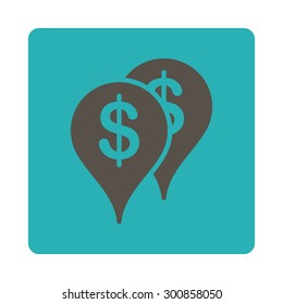 Bank locations icon. Vector style is grey and cyan colors, flat rounded square button on a white background.