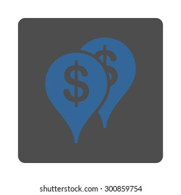 Bank locations icon. Vector style is cobalt and gray colors, flat rounded square button on a white background.