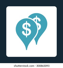 Bank locations icon. Vector style is blue and white colors, flat rounded square button on a dark blue background.