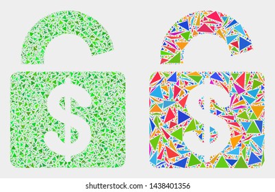 Bank lock collage icon of triangle items which have variable sizes and shapes and colors. Geometric abstract vector design concept of bank lock.