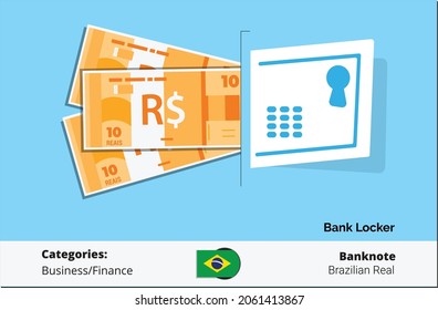 Bank Locker with bundle of 10 Brazilian Real Banknotes vector illustration