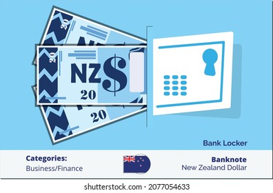 Bank Locker with bundle of 20 New Zealand Dollar. New Zealand business, payment and finance element. Can be used for web, mobile, infographic and print.