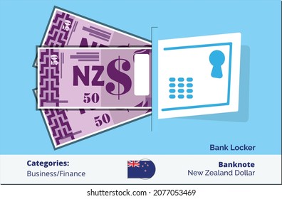 Bank Locker with bundle of 50 New Zealand Dollar. New Zealand business, payment and finance element. Can be used for web, mobile, infographic and print.