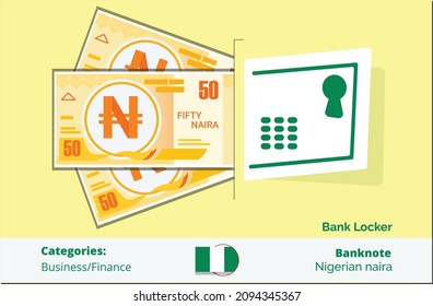 Bank Locker with bundle of 50 Nigerian Naira. Nigeria business, payment and finance element. Can be used for web, mobile, infographic, and print.