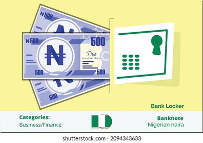 Bank Locker with bundle of 500 Nigerian Naira. Nigeria business, payment and finance element. Can be used for web, mobile, infographic, and print.
