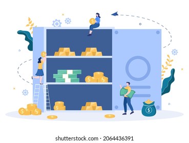 Bank Locker Vector Illustration. Storage Safe Box for Cash Safety, Protection, Gold, Currency and Important Documents using an Electronic Key to Open