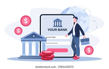 Bank login concept. Man with briefcase enter login and password on tablet. Banking mobile application. Personal data protection and internet security. Flat vector illustration