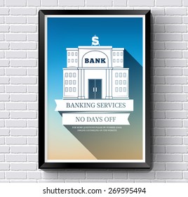 bank logo or label template  with blurred background on white brick wall. Vector illustration isolated icons for your product or design, web and mobile applications with text stamp.