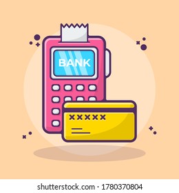 Máquina bancaria con vectores de tarjetas Ilustración. Establecer transferencia, ganancia, online, pago, préstamo, ingreso, economía y finanzas. Estilo de caricatura plana adecuado para adhesivos, fondos de escritorio, iconos, etc.