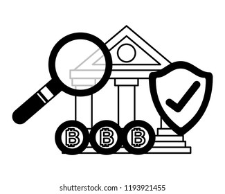 bank magnifying glass bitcoin shield protection fintech