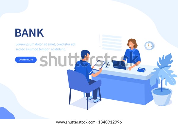 Bank manager and client. Flat\
isometric vector illustration isolated on white background.\
