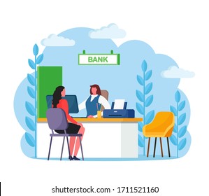 Bank manager consulting client about cash or deposit, credit operations. Banking employee, insurance agent sitting at desk with customer. Vector flat design 