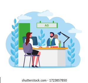 Bank manager consulting client about cash or deposit, credit operations. Banking employee, insurance agent sitting at desk with customer. Vector flat design 