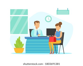 Bank Manager Consulting Female Client, Bank Interior With Counter Desk And Financial Consultant, Bank Service Vector Illustration