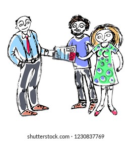 Bank manager gives loan to a family. Fine for financial services brochures, homesites and promo.