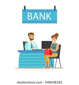 Bank Manager At His Desk And The Client. Bank Service, Account Management And Financial Affairs Themed Vector Illustration