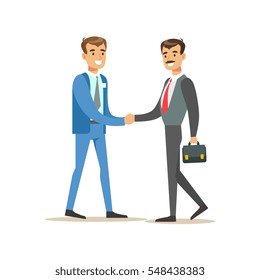 Bank Manager Meeting Handshaking With Important Client. Bank Service, Account Management And Financial Affairs Themed Vector Illustration