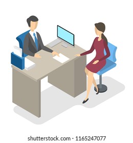 Bank manager in the office with client. Agent talking with woman about finance. Isolated vector isometric illustration