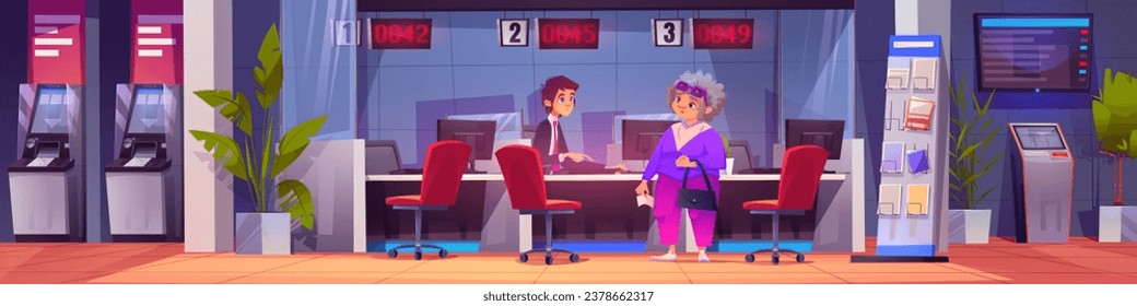 Bank manager talking to senior client in office. Vector cartoon illustration of employee and senior woman in room with atm, electronic queue equipment, computers on desks, banking services, crediting